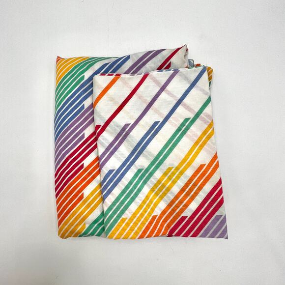 Vintage Rainbow Stripe Flat Bedsheet & Pillowcase Full Size Textile Supply - Picture 8 of 8